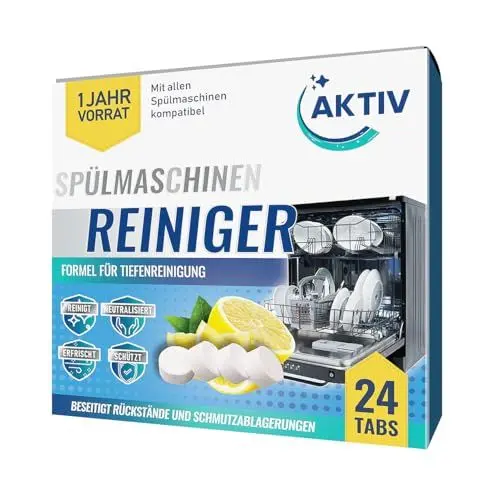 Produktbild: Aktiv 24x Spülmaschinenreiniger Tabs extra stark gegen Geruch & Kalk | Geschirrspüler Reiniger mit Formel für Tiefenreinigung | Hygiene Reinigung 1 Jahres Vorrat
