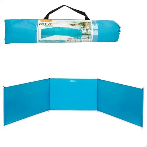 Produktbild: AKTIVE Strand-Windschutz, 300x75/85 cm, Blau, 3 Paneele, 170T Polyestergewebe, UV30-Schutz, Aluminiumstangen, Inkl. 4 Heringen, Tragetasche mit Griff, Faltbarer Windschutz (53441)
