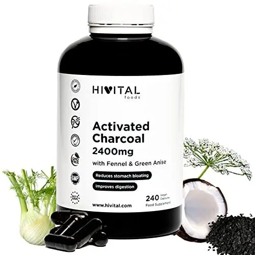 Produktbild: Aktivkohle 2400 mg. 240 vegane Kapseln für mehr als einen Monat Behandlung. Natürliche Aktivkohle aus Kokosnussschalen mit Fenchel und grünem Anis. Hergestellt von HIVITAL