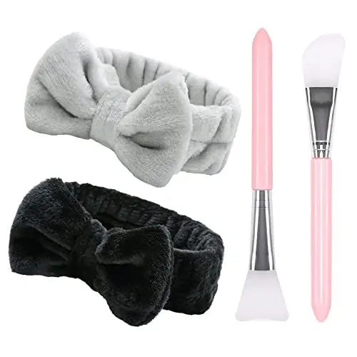 Produktbild: AKTVSHOW 2 Stück Spa Haarband Kosmetik mit Schleife und 2 Silikonpinsel, Skincare Bowknot Makeup Stirnband für Damen Mädchen Stirnbänder zum Gesichtsreinigung Waschen Duschen Schminken Hautpflege Yoga