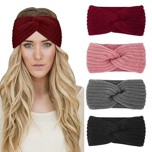 Produktbild: AKTVSHOW 4 Stück Winter Stirnband Damen Gestrickt Frauen Haarreifen Haarbänder Breit Ohrenwärmer Häkelarbeit Elastische Weinrot Haarschmuck