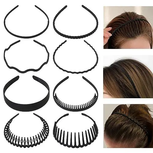 Produktbild: AKTVSHOW Kunststoff Haarband, 8 Stück Schwarz Haarreifen Männer Zickzack Haarreif Herren Multi-Style Elastisches Haarreif für Damen Stirnband mit Zähnen Dünne Rutschfeste Haarbänder