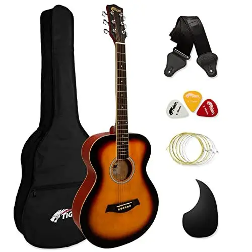Produktbild: Akustische Stahlsaiten-Gitarre, volle Größe, für Anfänger, Packung enthält Gigbag, Gurt, Scratchplate und Ersatzsaiten - Sunburst - TIGER ACG2-SB
