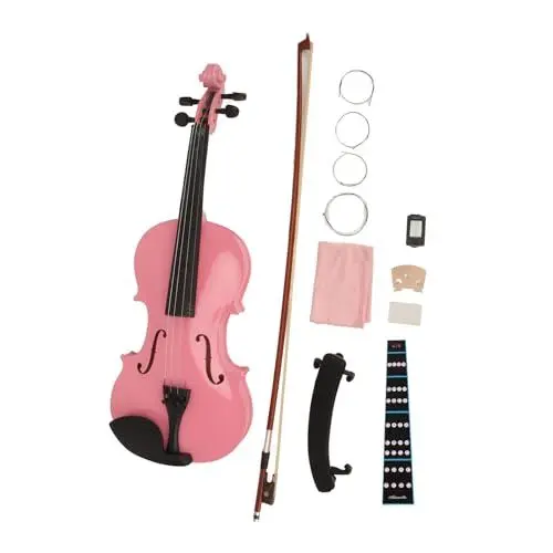 Produktbild: Akustische Violine, Anfänger-Starter-Set mit Box, Kolophonium, Schulterstütze, Mixer, Saite, Bogen, Griffbrett, Aufkleber für Freunde oder Familie (Rosa)