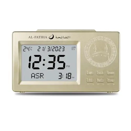 Produktbild: Al salama Muslimischer Gebetswecker Digital LCD Automatisch Islamische Tischuhr Multifunktions Azan Uhr Zeit Erinnerung (Gold)