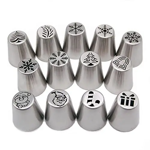 Produktbild: Aladeno 13-teiliges Spritztüllen-Set aus Edelstahl, Kuchendekorationsspitzen, niedlicher Weihnachtsmann, Schneeflocke, Weihnachtsbaum, Zuckerguss, Spritztüllen, Düsen, Backzubehör