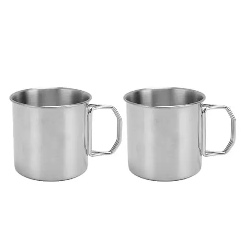 Produktbild: Aladeno 2 Stück Edelstahlbecher mit Henkel, ummantelte Metallbecher, isolierte Reise-Kaffeetasse, klappbarer Henkelbecher, komfortables Munddesign für Tee, Kaffee und Wasser (350 ml)