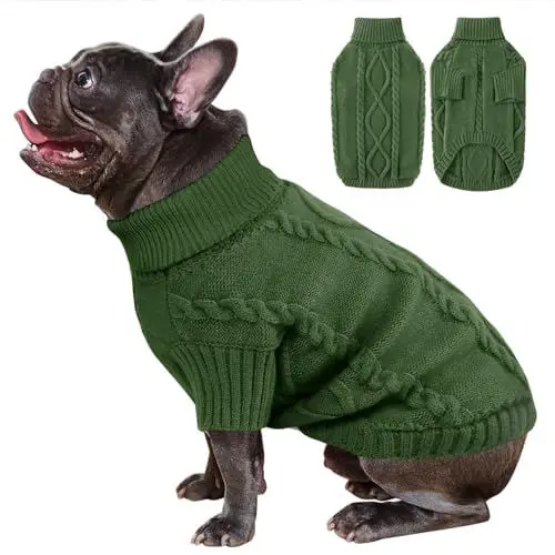 Produktbild: ALAGIRLS Hundepullover Kleine Hunde, Haustier Pullover Rollkragen, Winter Warmer Hunde Katzenpullover Kleidung Haustiermantel Welpenpullover Chihuahua, Yorkie, Pudel, Teddy, Pomeranian ArmyGreen M