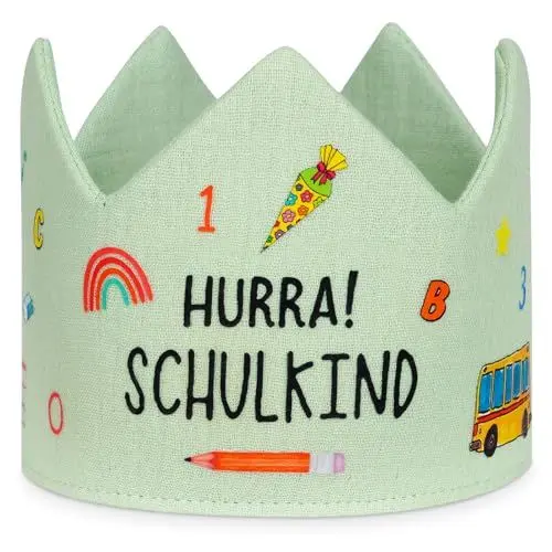 Produktbild: Alaoo 2025 Schulkind Einschulung Krone,Einschulung Geschenk Schulkind 2025,Hochwertig Bestickt Anpassbare Schnürung Zweifarbig,Deko Einschulung Mädchen Junge-HURRA SCHULKIND