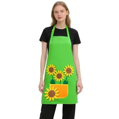Produktbild: Alaoo Gärtnerschürze, DIY Gartenschürze Kostüm, Grün Gärtnerin Kostüm mit Sonnenblumen- und Wiese Applikationen, Unisex Design für Karneval und Mottopartys (Erwachsene)