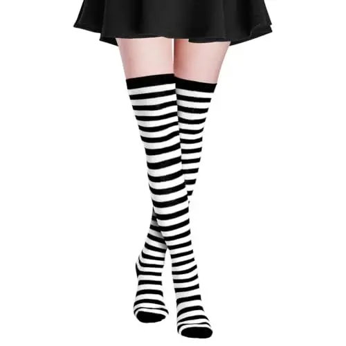 Produktbild: Alaoo Ringelstrümpfe, 1 Paar Kniestrümpfe, Klassische Ringelsocken für Erwachsene & Kinder, Overknee Strümpfe für Party Stützen Kostüm Halloween (Schwarz+weiß)