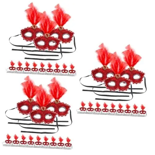 Produktbild: Alasum 36 Stk Party-maske Festivalmasken Feder Maskerade Masken Kostüm Maske Maskerade Frauenmaske Farbige Partymaske Cosplay-masken Für Frauen Venezianische Maskenstütze Plastik Rot