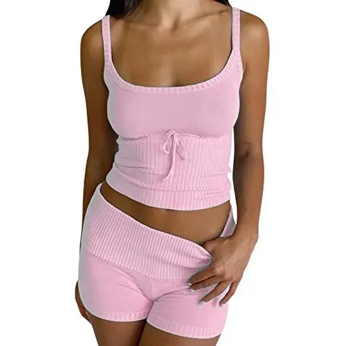 Produktbild: Alaurbeauty Damen Gerippte Strick Outfits 2-Teilige Y2K Spaghettiträger Crop Top Shorts mit Elastischer Taille Lounge Set Sommer Streetwear (A-Rosa, S)