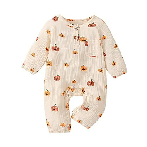 Produktbild: Alaurbeauty Neugeborenes Baby Jungen Mädchen Halloween Strampler Netter Kürbis Onesie Overall Bodysuit Langarm Einteiliger Herbst Winter Babykleidung (A-Beige, 0-3 Monate)