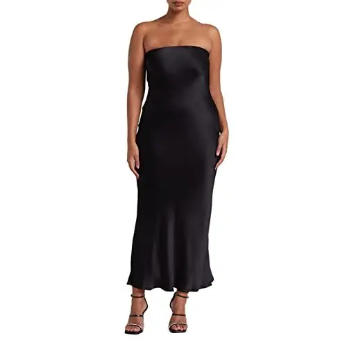 Produktbild: Alaurbeauty Satin Kleid Eng Damen Elegant Lang Trägerlos Maxikleid Rückenfrei Abend Kleider Formelles Cocktailkleid für Hochzeit (A-Schwarz, Large)