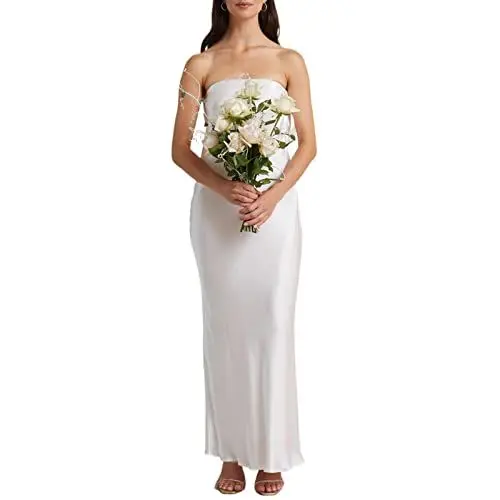 Produktbild: Alaurbeauty Satin Kleid Eng Damen Elegant Lang Trägerlos Maxikleid Rückenfrei Abend Kleider Formelles Cocktailkleid für Hochzeit (A-Weiß, Small)