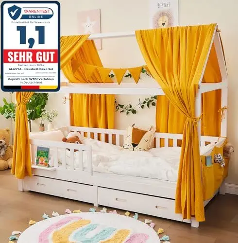 Produktbild: ALAVYA HOME® 3-TLG Hausbett Deko Set mit 2 Stück Betthimmel I 1 Stück Wimpelkette 300cm cm lang für Kinderbett Kinderzimmer I 100% Bio-Musselin Baumwolle I GOTS-Zertifiziert I 125 x 350 cm I Senfgelb
