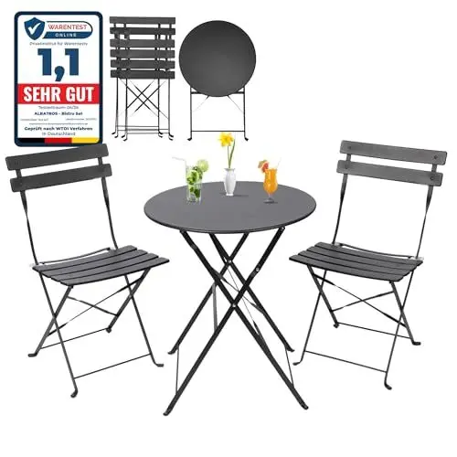 Produktbild: Albatros Bistroset 3-teilig Schwarz – Bistrotisch mit 2 Stühlen – klappbare Stühle und Tisch aus robustem Metall – optimal als Balkonmöbel Set oder Gartenmöbel in modernem Design