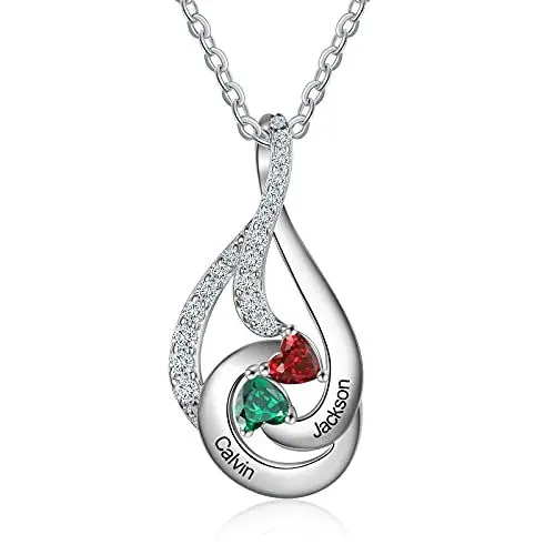 Produktbild: lorajewel Personalisierte Damen Kette mit 2 Namen Herz Geburtsstein Kristall 925 Sterling Silber Geschenk für Mutter und Tochter Familie Halsketten