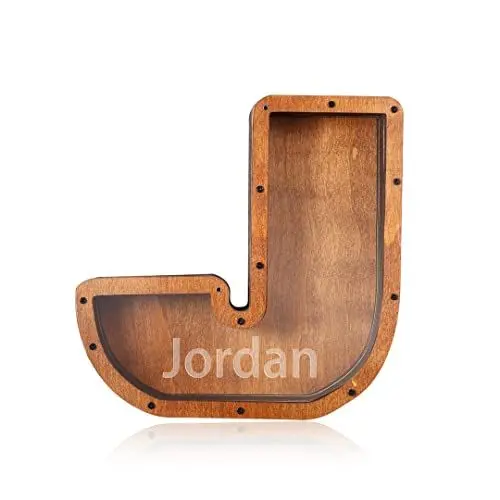 Produktbild: Albertband Personalisierte Sparschwein für Kinder Erwachsene Holz A-Z Buchstaben Münze Sparschwein Gravierter Name Spardose für Jungen Mädchen Finanzmanagement Training (J)