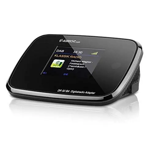 Produktbild: Albrecht DR52BA Adapter mit Bluetooth zum Aufrüsten von HiFi-Anlagen und UKW-Radios zum digitalen DAB+ Empfang, mit Farbdisplay und Antenne, Farbe: Schwarz