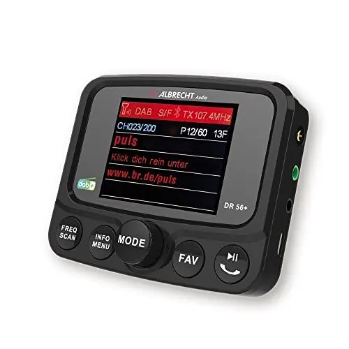 Produktbild: Albrecht DR 56+ DAB+ Adapter zum Aufrüsten von Auto-Radios mit TFT Display, 27256, mit FM-Transmitter für Musik-Streaming über das Handy, schwarz