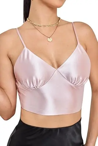 Produktbild: Alcea Rosea Damen Satin Crop Top Sexy kurz Tanktop mit V-Ausschnitt Spaghetti Korsett Y2k Sommer Tops (Pink, XL)