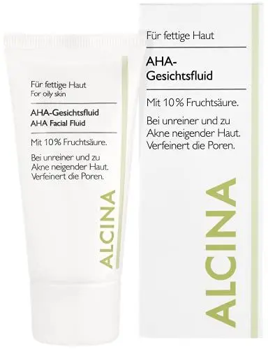 Produktbild: ALCINA AHA-Gesichtsfluid mit 10% Fruchtsäure - 1 x 50 ml - Für fettige Haut - Ideal bei unreiner und zu Akne neigender Haut - Verfeinert die Poren und regt die Hauterneuerung an