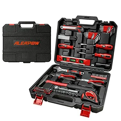 Produktbild: ALEAPOW Werkzeugkoffer, 102-tlg Haushalts Werkzeugset, mit Schraubenschlüssel, Hammer, Zange, Schraubendreher und Gängigen Werkzeugen, Ideal für Werkstatt und Haushalt, MTH100 Rot