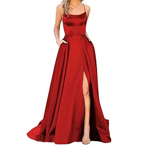 Produktbild: Alecony Abendkleider Elegant für Hochzeit Abschlusskleid Ballkleider Damen Kleider Lang Cocktailkleid A-Linie Satin Spaghetti Party Prom Maxi Dress Schlitz Brautkleid Festkleider mit Taschen