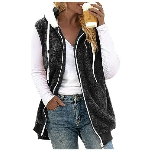 Produktbild: Alecony Damen Fleeceweste Plüschweste Teddy Fleece Weste Outwear Herbst Winter Outdoor Warm Daunenweste Steppweste Bequem Ärmellos Cardigan Jacke Longweste Westen Freizeitkleidung (1-Black, XXXXXL)