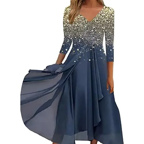 Produktbild: Alecony Damen Kleider Cocktailkleid Abendkleider für Hochzeit Elegant Langarm Herbst Winter Spitzenkleid Brautjungfernkleider V-Ausschnitt Partykleid Lange Kleid Festliches Ballkleid Swing Midikleid