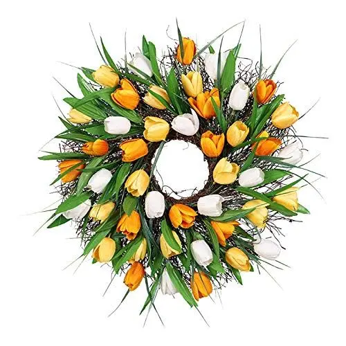 Produktbild: Alecony Künstliche Eukalyptus Kranz, Ostern Kränze Dekorative Tulpe Blume Girlande Reben Zweige Blätter Türkranz Wandkranz Dekokranz Osterdeko für Outdoor Hochzeit Tür Wand Fenster Frühling Deko (C)