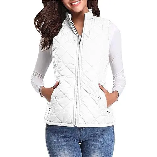 Produktbild: Alecony Winterjacke Damen, Daunenweste Damen Steppweste Weste mit Stehkragen Herbst Winter Übergangsjacke Leicht Ärmellos Jacke mit Reissverschluss Taschen Winddichte Wintermantel (2-White, M)