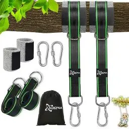 Produktbild: ALECPEA 900KG Schaukel Befestigung, Hängematte Befestigung All Inclusive 2er 150 cm*5cm Hängematte Gurte + 2 Karabiner + D-Ringen + Aufbewahrungstasche + Baumschutz Polster, Hängematte Seil