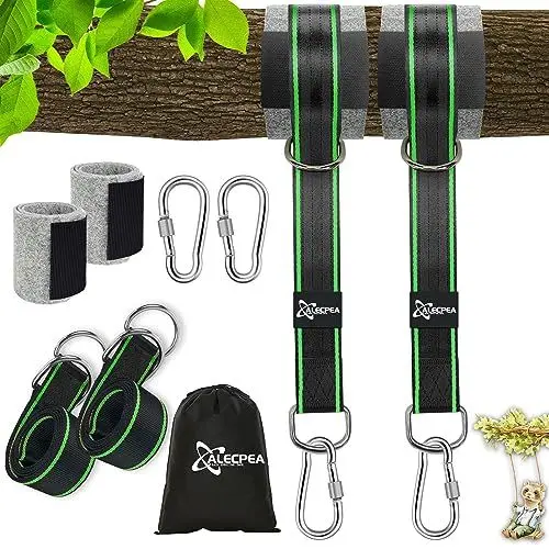 Produktbild: ALECPEA 900KG Schaukel Befestigung, Hängematte Befestigung All Inclusive 2er 150 cm*5cm Hängematte Gurte + 2 Karabiner + D-Ringen + Aufbewahrungstasche + Baumschutz Polster, Hängematte Seil