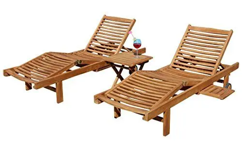 Produktbild: ALEOS. 2X Hochwertige Teak Sonnenliege Gartenliege Strandliege Liegestuhl Holzliege Holz sehr robust Modell: Cozy+ 1x Beistelltisch 45x45cm
