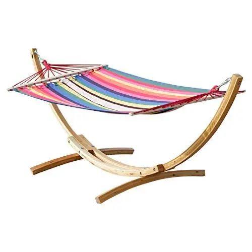 Produktbild: ALEOS. 320cm Hängemattengestell Blanca-Rojo Hängematte mit Gestell aus Holz Lärche Natur mit bunter Stabhängematte - mit roten Seilen