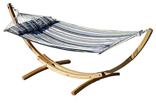 Produktbild: ALEOS. 320cm Hängemattengestell Limited Edition Blanca-LIM-GRAU Hängematte mit Gestell aus Holz Lärche Natur mit Stabhängematte grau gestreift gefüttert und Polster Schrauben aus Edelstahl
