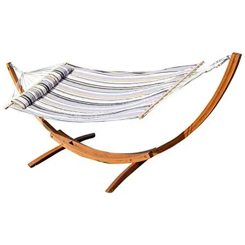 Produktbild: ALEOS. 320cm Hängemattengestell Limited Edition NAGUA Hängematte mit Gestell aus Holz Lärche Natur mit Stabhängematte grau gestreift gefüttert und Polster Schrauben aus Edelstahl
