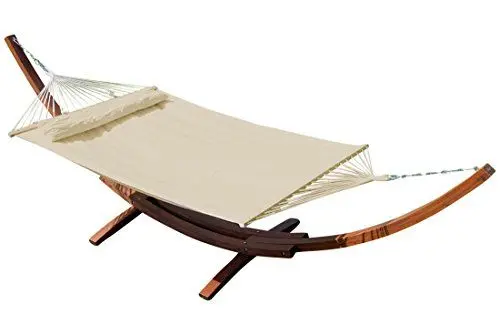 Produktbild: ALEOS. AS-S 410cm XXL Luxus Hängemattengestell Limited Edition Creme Gestell aus Holz Lärche mit Stabhängematte GEPOLSTERT inkl. Kopfkissen Edelstahl Ketten Karabiner und Schrauben