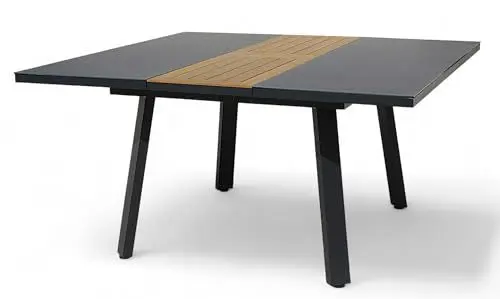 Produktbild: ALEOS. Aluminium Glas Teakholz Gartentisch Ausziehtisch 110 auf 150 cm ausziehbar x 150 cm Tisch Esstisch Glastisch Aluminiumtisch Trinidad mit Ausziehfunktion quadratisch