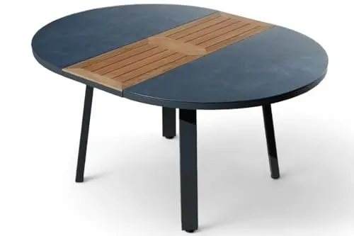 Produktbild: ALEOS. Aluminium Glas Teakholz Gartentisch rund Ausziehtisch 120/160 x 120 cm oval Tisch Esstisch Teaktisch Trinidad mit Ausziehfunktion