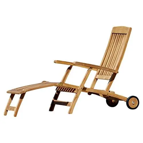 Produktbild: ALEOS. Deckchair Steamer Deckchair mit Rädern Steamer Deckstuhl Liegestuhl Sonnenliege Gartenliege Relaxsessel echt Teak Holz Luna