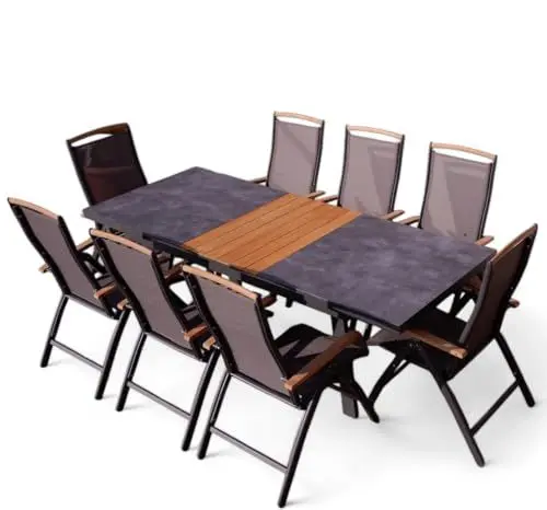 Produktbild: ALEOS. Gartengarnitur Gartenset Aluminium Teak Set mit Ausziehtisch 180x90cm auf 240cm ausziehbar + 8 Hochlehner anthrazit Trinidad