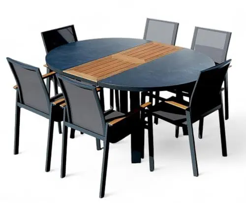 Produktbild: ALEOS. Gartengarnitur Gartenset Aluminium Teak Set mit rundem Ausziehtisch 120cm auf 160cm ausziehbar + 6 Stapelstühle anthrazit Trinidad