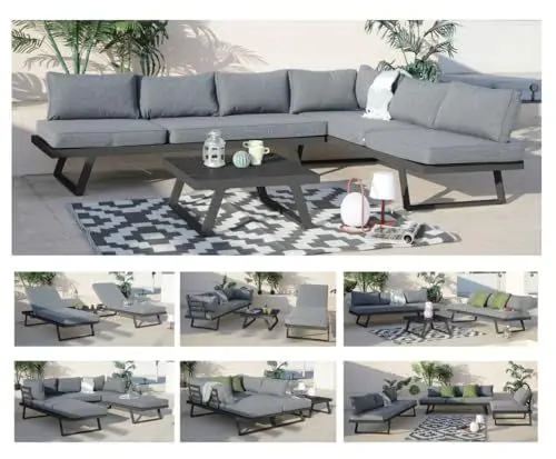 Produktbild: ALEOS. Gartenlounge Lounge aus Aluminium Multifunktionslounge Loungeecke Lounge Set Loungegarnitur Sitzgruppe Doppelliege Sofagarnitur Cancun grau anthrazit mit bequemen Kissen