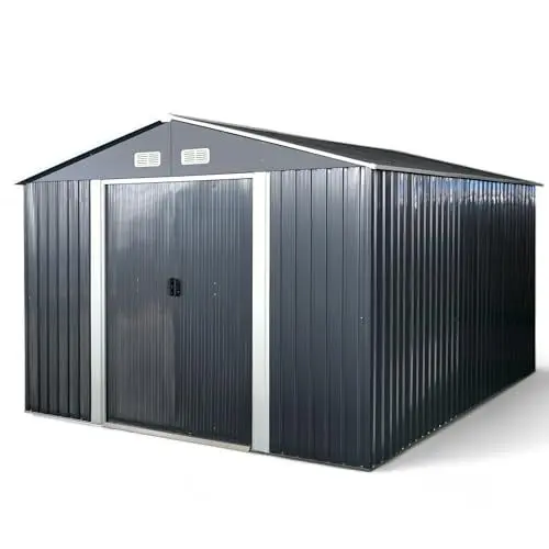 Produktbild: ALEOS. Gerätehaus Geräteschuppen 11m² 367x301x214 cm aus verzinktem Stahlblech Metall mit Doppelschiebetür Türhöhe 170cm Schuppen Gartenhaus