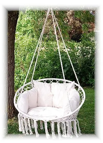 Produktbild: ALEOS. Hängesessel Catalina klappbar 100cm Durchmesser - Hängesessel - Stoffsessel mit gemütlichem Kissen - Hängekorb zum Aufhängen - inkl. 2 Karabiner + Kette im Makramee Boho Style