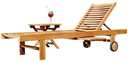 Produktbild: ALEOS. Hochwertige Teak Sonnenliege Gartenliege Strandliege Liegestuhl Holzliege Holz sehr robust Modell: Cozy+ Beistelltisch 45x45cm